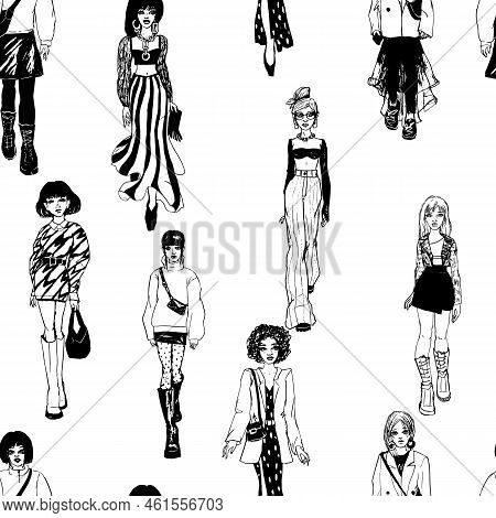 Seamless Pattern. Women In Trendy Clothes. Defile Sketch.