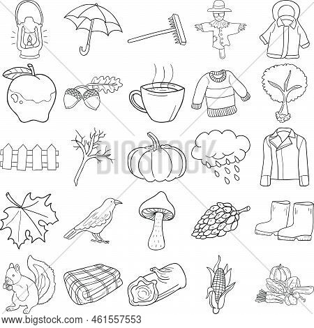 Autumn Hand Drawn Doodle Line Art Outline Set Containing Lantern, Umbrella, Rake, Harvest, Crow, Pum