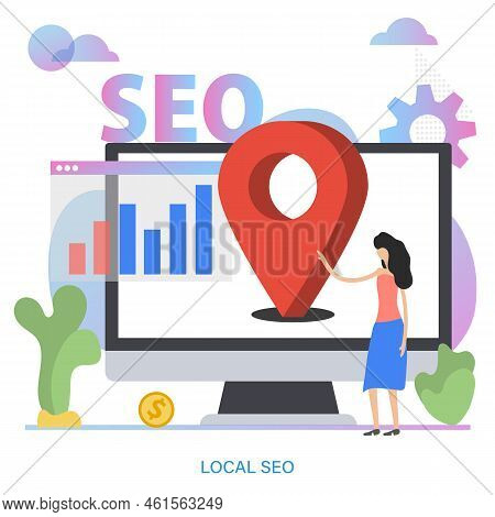Local Seo Flat Concept. Vector Illustration With Woman Near Screen And Geolocation Icon. Targeting R
