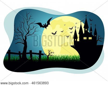 Halloween Haunted Villa Castle Night Vector Illustration