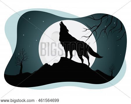 Halloween Black Wolf Howling Night Vector Illustration