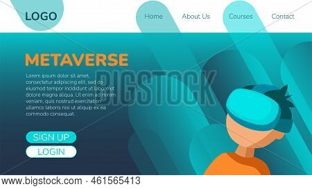 Metaverse Items Landing Page. Boy With Vr Headset, Virtual Reality Glasses Abstract Background. Alph