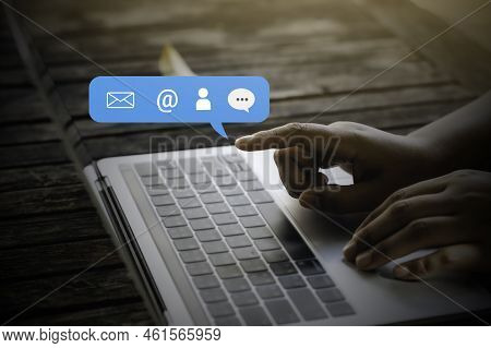Contact Us Or Customer Support Hotline People Connect. Businessman Using A Laptop Computer With The 