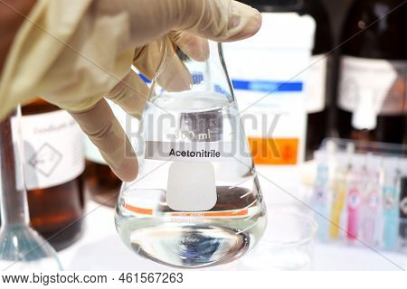 Acetonitrile In Glass, Chemical In The Laboratory And Industry