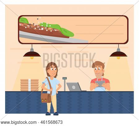 Takeaway Reastaurant Worker Taking Orders From Client. Fast Food Cafe