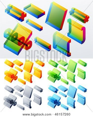 Illustrazione vettoriale di testo colorato in vista assonometrica. Caratteri monospazio in stile cubo. SIMBOLI 1