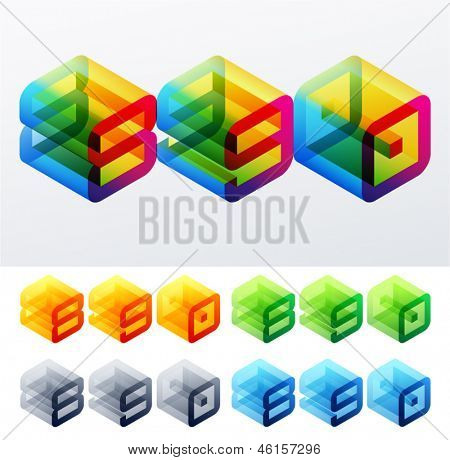 Illustrazione vettoriale di testo colorato in vista assonometrica. Caratteri monospazio in stile cubo. 8 9 0