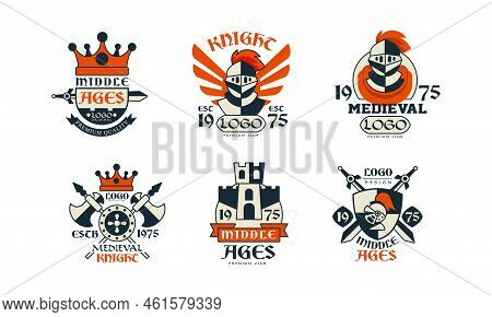 Middle Ages And Medieval Premium Club Logo Design With Sword And Knight Armour Vector Set