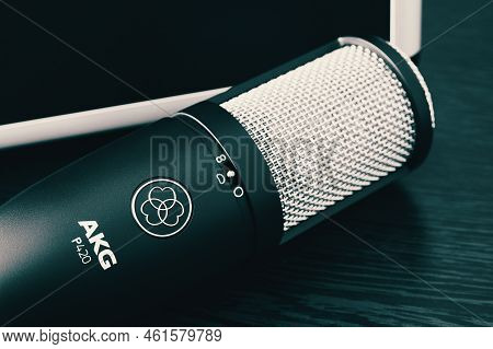 Ryazan, Russia - September 15, 2022: Akg Condenser Microphone Close-up. Akg Acoustics Is An Acoustic