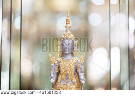 Deity Statue Standing Straight Made Of Silver, Wearing Silver Gold Costume With Chada On Top Of His