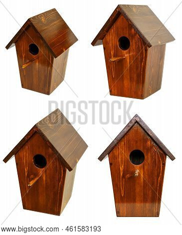 Wooden Birdhouse For Starlings From Different Angles. Birdhouse Isolated On White Background. Birdho