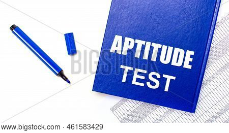 On A White Background Reports, A Blue Pen And A Blue Notebook With The Text Aptitude Test. Business 