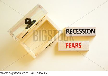 Recession Fears Symbol. Concept Words Recession Fears On Wooden Blocks On A Beautiful White Table Wh