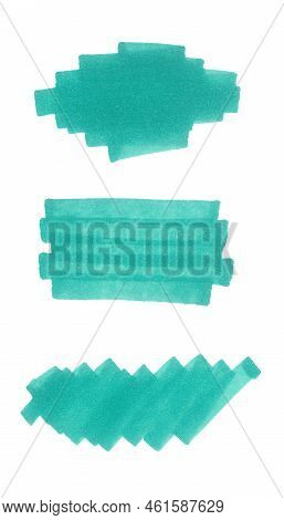 Set Of Blue Stains Of Different Shapes. Blue Spots Isolated On White Background. Strokes Drawn With 