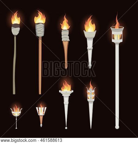 Cartoon Color Different Medieval Torches Icons Set Triumph Concept Flat Design Style. Vector Illustr