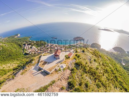 The Church Of St. Sava In Montenegro, Near The Island Of Sveti Stefan Near Budwa. Drone View. Locati
