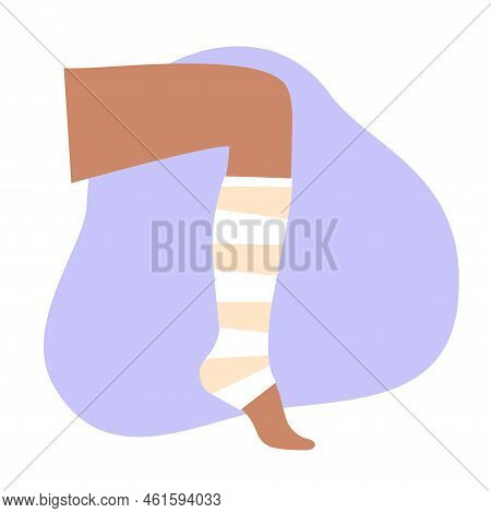 Elastic Bandage On Human Leg. Roll And Wrap Medical Gauze Over A Foot. Broken Or Injured Ankle. Heal