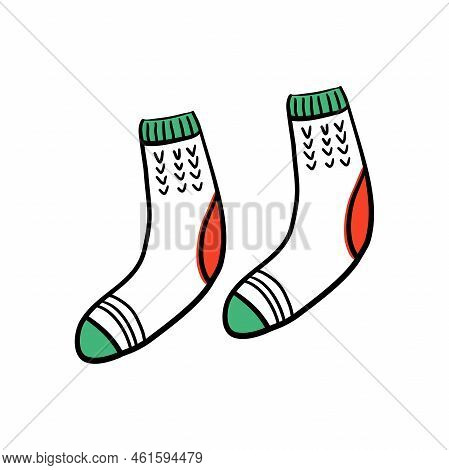Cute Knitted Pair Of Socks. Doodle Style Vector Illustration Of Winter Accessories.