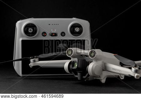 Antalya, Turkey - September 15, 2022: Mini 3 Pro Drone Of Dji Brand With Vertical Camera On Dark Bac