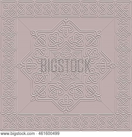 Textured Emboss 3d Celtic Seamless Pattern. Square Frame, Border. Grunge Embossed Light Vector Backg