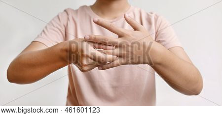 Woman Hand Massage Physiotherapy Other Side Is Sore And Numb, Exhausted, Tingling. Guillain-barre Sy