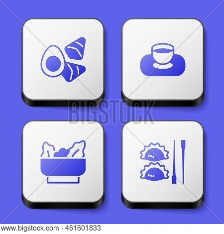 Set Chicken Egg With Vegerables, Soy Sauce In Bowl, Wonton And Dumpling Chopsticks Icon. White Squar