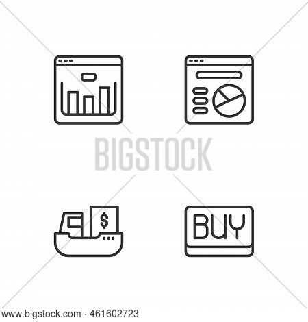 Set Line Buy Button, Cargo Ship With Boxes Delivery, Browser Stocks Market And Pie Chart Infographic