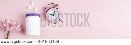 Women Health, Middle Age And Menopause Concept. Health Care Style. Copy Space.white Plastic Bottle W