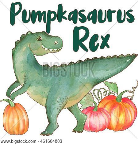 Fall Illustration With Dinisaur. Autumn Kids Sublimation Design With Pumpkins