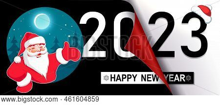 Christmas Composition Happy New Year 2023, Silhouette Of Santa Claus, Hand Indicates The Direction