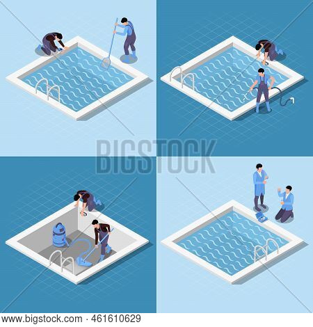 Swimming Pool Maintenance Service Isometric 2x2 Set Of Compositions With Human Characters Cleaning S
