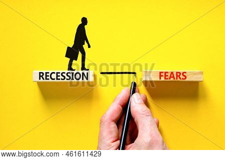 Recession Fears Symbol. Concept Words Recession Fears On Wooden Blocks On A Beautiful Yellow Table Y