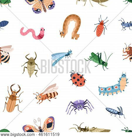 Seamless Repeating Pattern With Cute Insects. Endless Kids Background With Happy Beetles, Caterpilla
