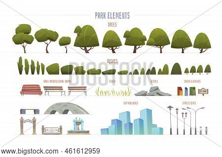 City Park Elements Cartoon Set Of Summer Trees Bushes Benches Street Lights Stones Buildings Grass I