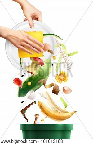Food Waste Realistic Composition With Set Of Food Scraps Being Sponged Out Of Plate Into Bin Vector 