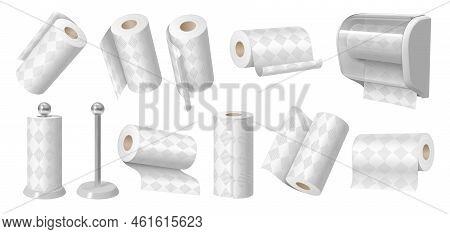 Paper Towels. Kitchen Towel Roll, White Wipes Cylinder On Stand And Soft Tissue Absorbent 3d Isolate
