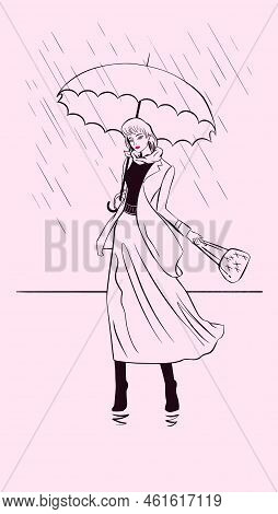 Fashionable Slim Stylish Beautiful Woman With Umbrella Under Rain, Minimalis Liner And Brush Fashion