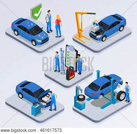 Car Service Isometric Compositions With Workshop Staff Performing Diagnostics Maintenance Wheel Bala