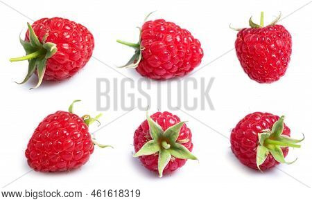 Raspberry Isolated. Raspberries With Leaf Isolate. Raspberry With Leaf Isolated On White. Side View 