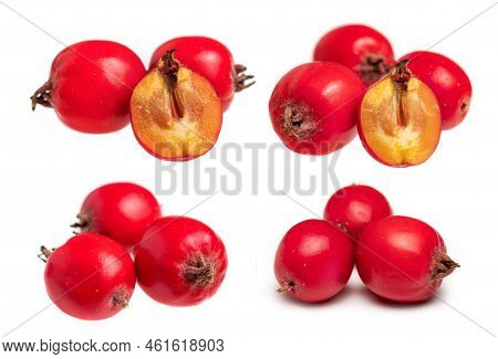 Hawthorn Berry And Slice Berry Isolated On White Background Close-up.