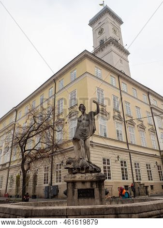 Lviv, Ukraine - January, 2021: Lviv City Hall Also Known As Ratusha. Located On The Market Square In