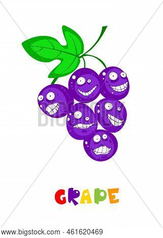 Cute Fruit Collection, One Of Them Greap. Cartoon Character For Your Food Design. Healthy Food Conce
