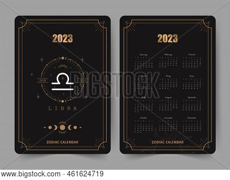 Zodiac Libra Calendar 2023. Pocket Size. Front And Back Sides. Week Starts On Sunday. Astrological V