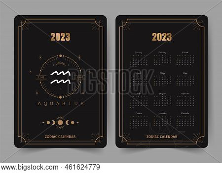 Zodiac Aquarius Calendar 2023. Pocket Size. Front And Back Sides. Week Starts On Sunday. Astrologica