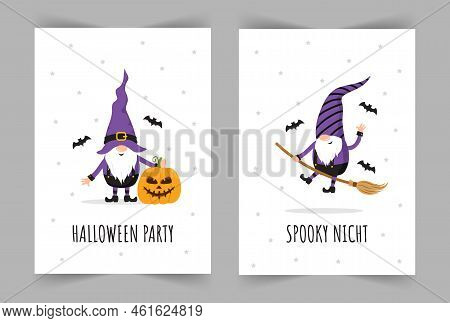 Set Of Halloween Greeting Cards. Cute Scandinavian Gnomes. Spooky Night Party Invitation, Poster Or 