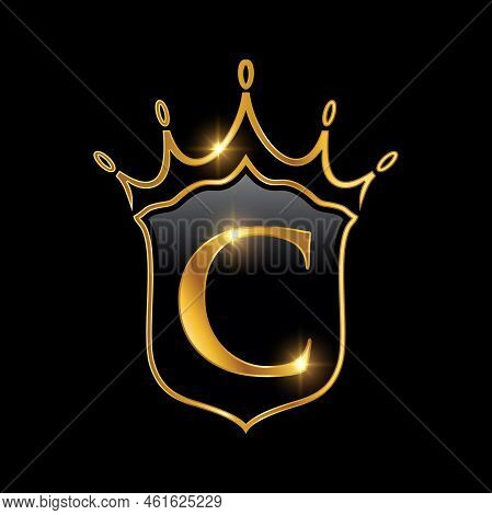 Golden Luxury Heraldic Crown And Shield Vector Icon In Black Background With Gold Shine Effect Monog