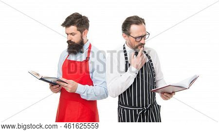 How To Cook. Men Bearded Hipster Cook Apron Reading Books About Culinary. No Idea How Cook Food. Cul