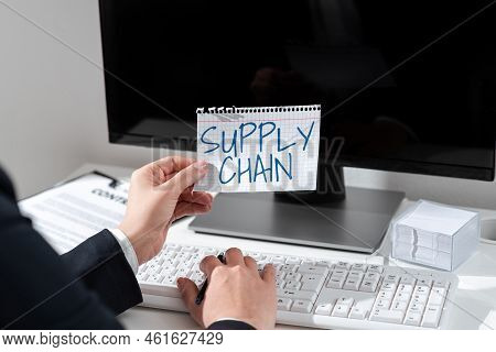 Hand Writing Sign Supply Chain. Business Overview System Of Organization And Processes From Supplier