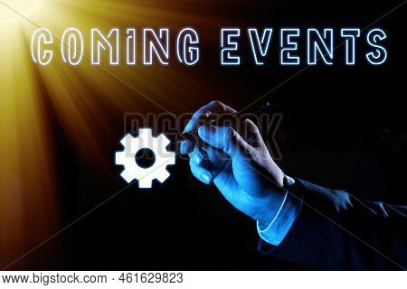 Sign Displaying Coming Events. Concept Meaning Happening Soon Forthcoming Planned Meet Upcoming In T