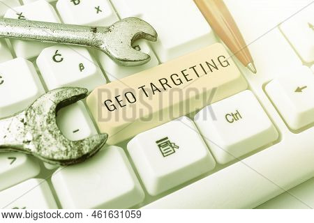 Text Showing Inspiration Geo Targeting. Word Written On Digital Ads Views Ip Address Adwords Campaig